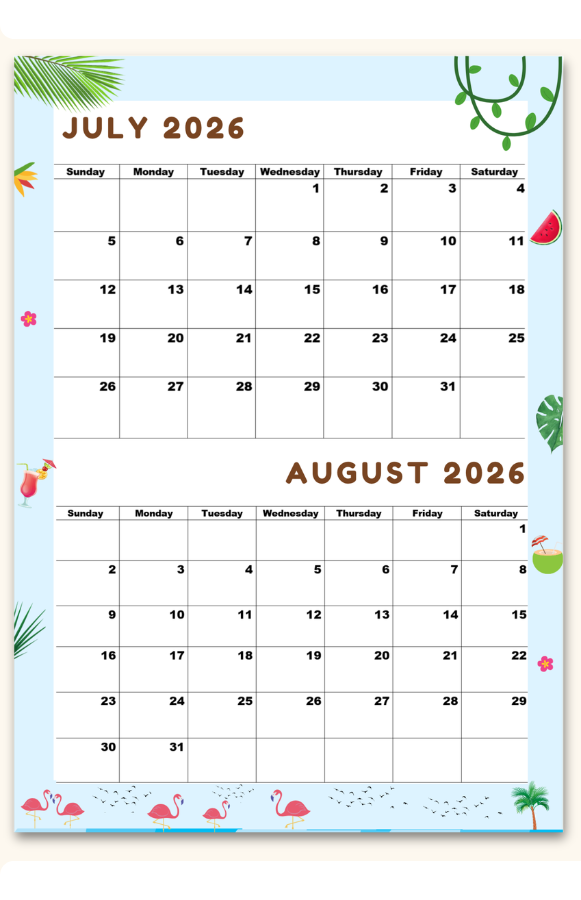 July August Monthly Printable 2026 calendar