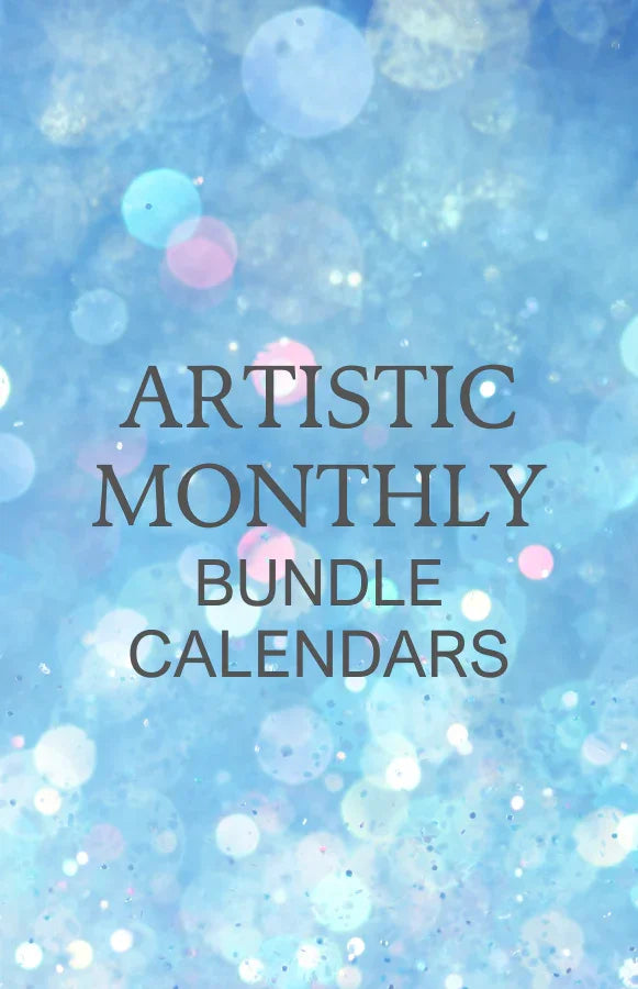 Artistic monthly bundle calendars text on a blue bokeh glitter background, printable planner