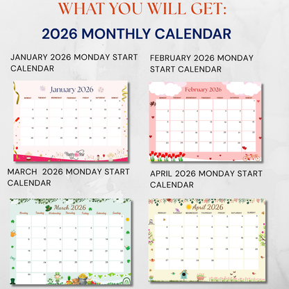Artistic 2026 Printable Monthly Calendar – January to December Planner!