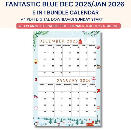 5-in-1 bundle calendar for December 2025 to January 2026 with festive designs on a white background.