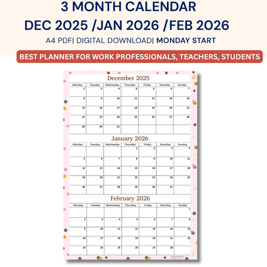 Pink|Calendar for December, January and February 2026 Printable
