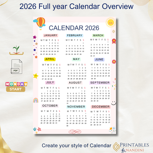 2026 Full year overview calendar |Monday Start |Pink