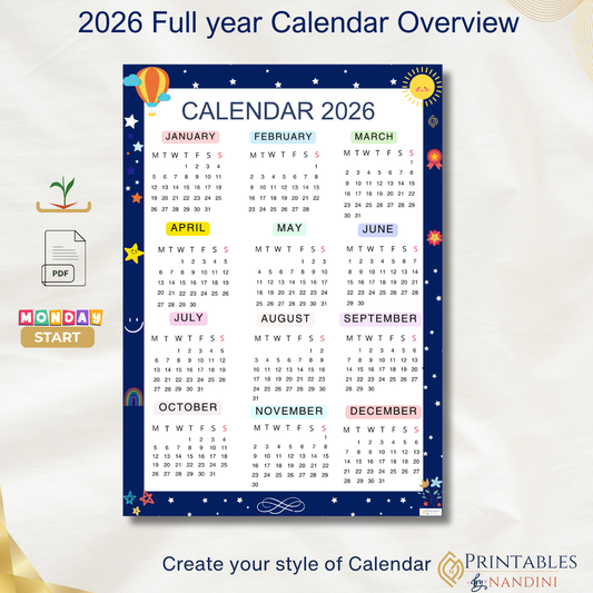 2026 Yearly overview calendar |Monday Start |Navy
