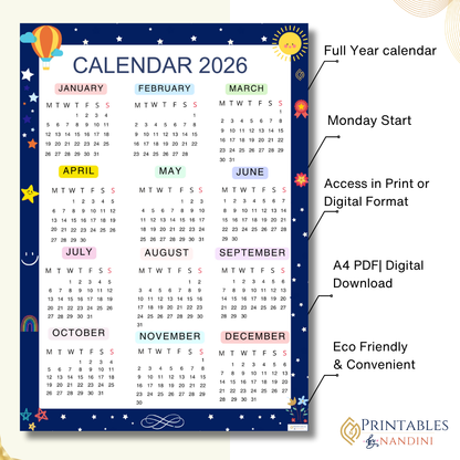 2026 Yearly overview calendar |Monday Start |Navy
