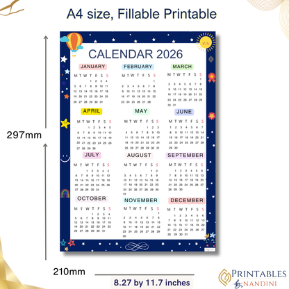 2026 Yearly overview calendar |Monday Start |Navy
