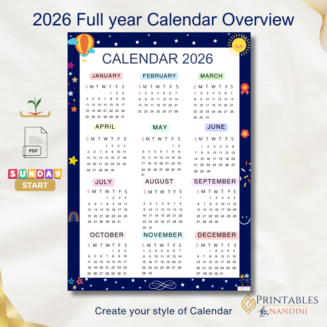 2026 Full year calendar Printable |Sunday Start |Navy