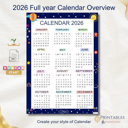 2026 Full year calendar Printable