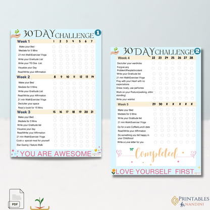 30 day Self care Challenge Template -A4 size!.