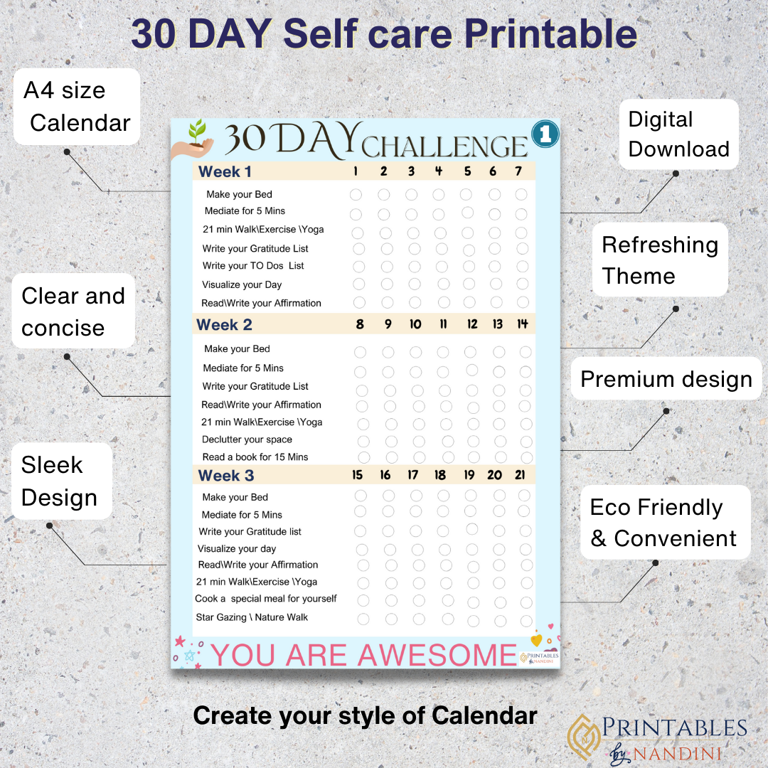 30 day Self care Challenge Template -A4 size!.