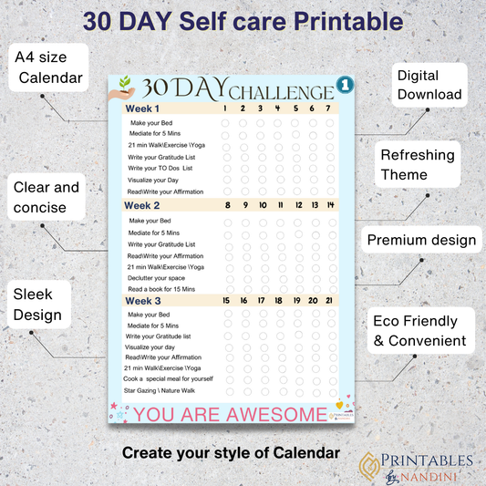 30 day Self care Challenge Template -A4 size!.