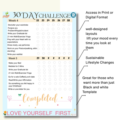 30 day Self care Challenge Template -A4 size!.