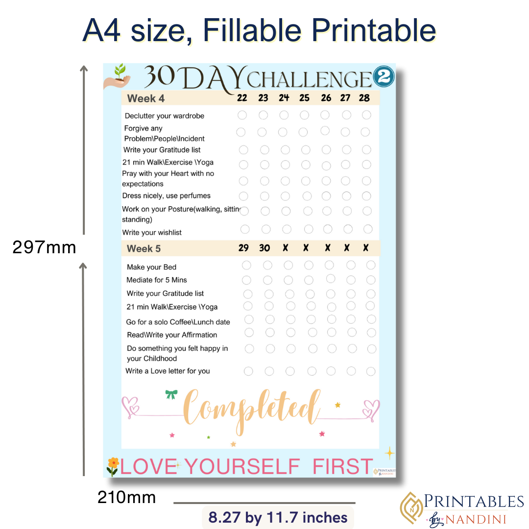 30 day Self care Challenge Template -A4 size!.