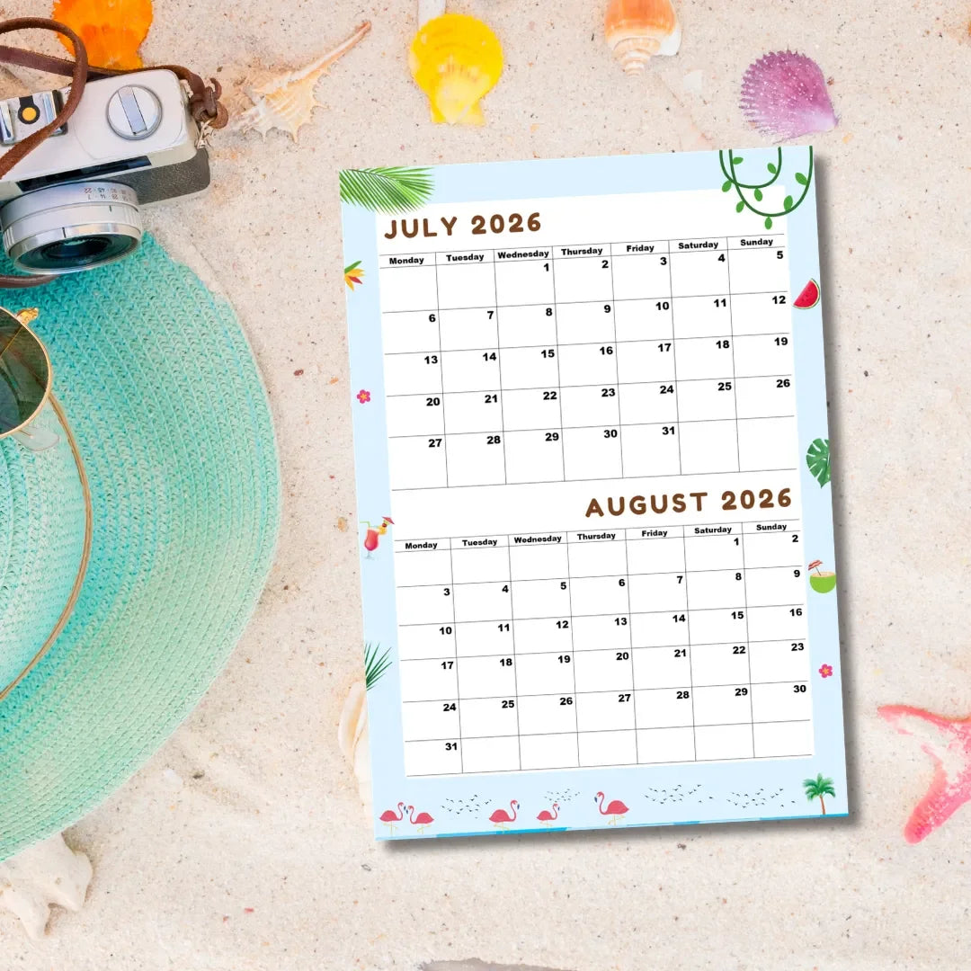July and August 2026 printable calendar with tropical designs, perfect for summer planning and organization.