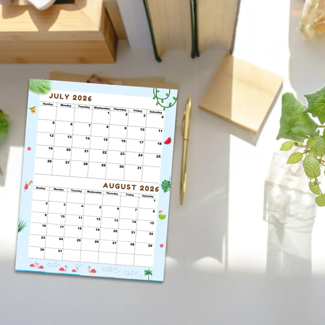 July and August 2026 printable calendar with flamingo and tropical designs for home or office use