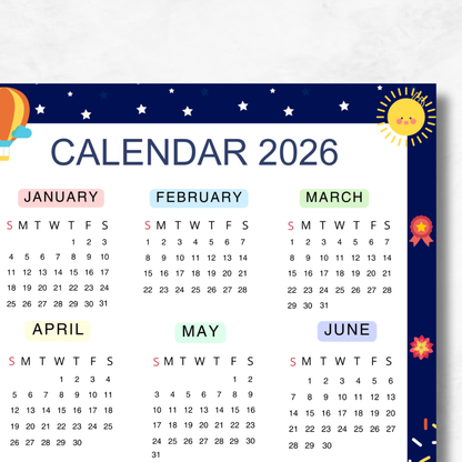 2026 Full year calendar Printable |Sunday Start |Navy
