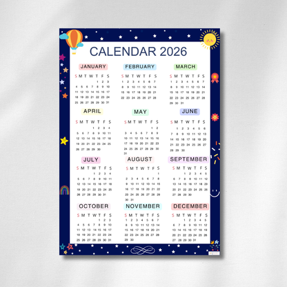 2026 Full year calendar Printable |Sunday Start |Navy