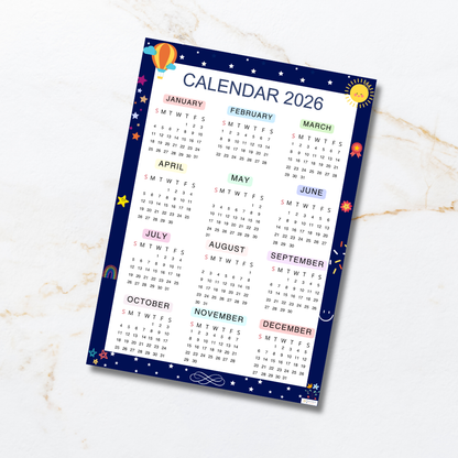 2026 Full year calendar Printable |Sunday Start |Navy