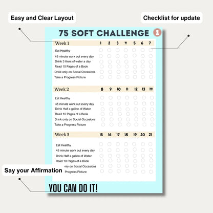 75 soft printable challenge tracker |A4 PDF|Digital