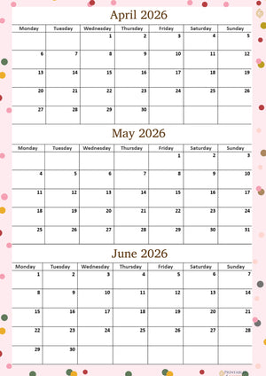 April May June 2026 calendar Printable, A4 PDF, Monday Start, Quarterly Calendar