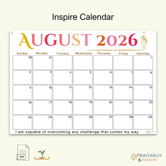 Inspire| Calendar Printable for August 2026