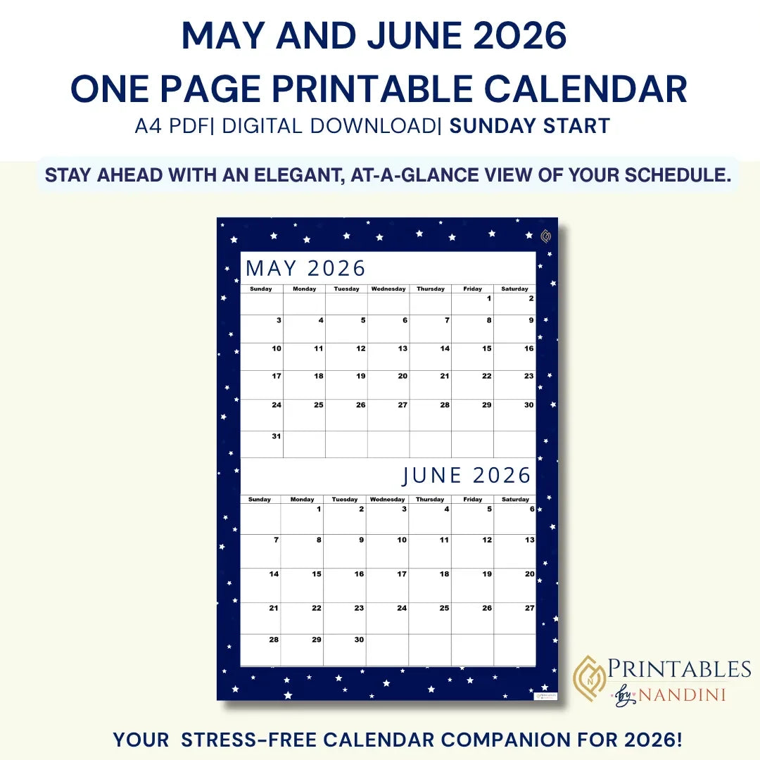 Premium Cool Navy| Bi-Monthly Calendar for May 2026 & June 2026