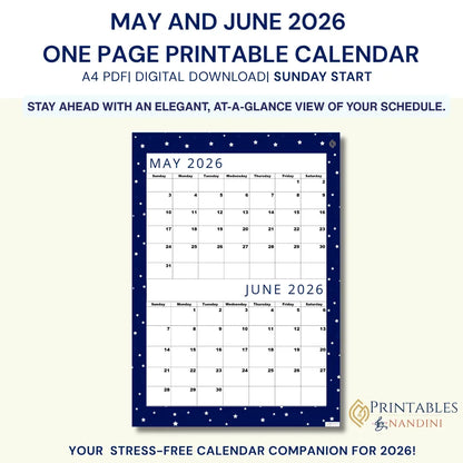 Premium Cool Navy| Bi-Monthly Calendar for May 2026 & June 2026