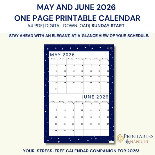 Premium Cool Navy| Bi-Monthly Calendar for May 2026 & June 2026