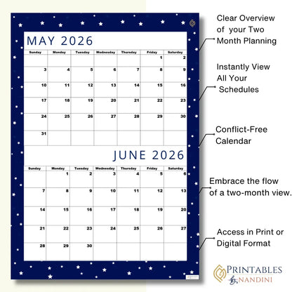 Premium Cool Navy| Bi-Monthly Calendar for May 2026 & June 2026