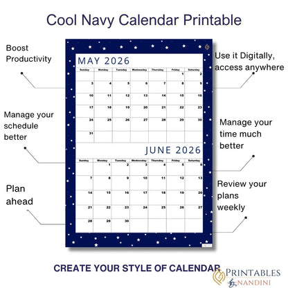Premium Cool Navy| Bi-Monthly Calendar for May 2026 & June 2026