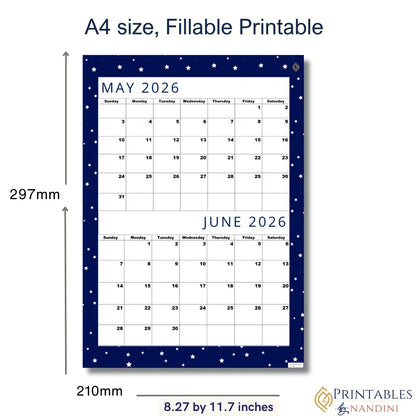 Premium Cool Navy| Bi-Monthly Calendar for May 2026 & June 2026