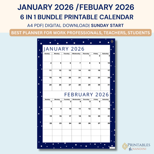 Cool Navy | January 2026 and February 2026 calendar, Sunday Start