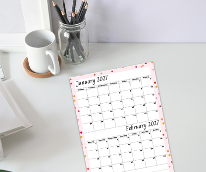 Pink calendar for January & February 2027