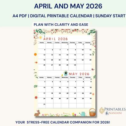 Printable April-May 2026 calendar (Spring calendar)|A4, Sunday Start|Instant PDF|Crispy Creme