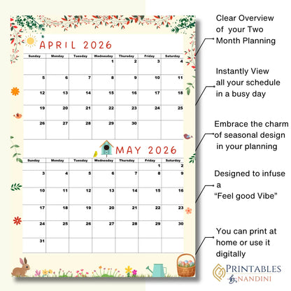 Printable April-May 2026 calendar (Spring calendar)|A4, Sunday Start|Instant PDF|Crispy Creme