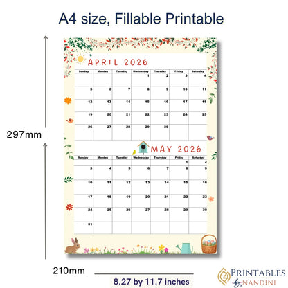 Printable April-May 2026 calendar (Spring calendar)|A4, Sunday Start|Instant PDF|Crispy Creme