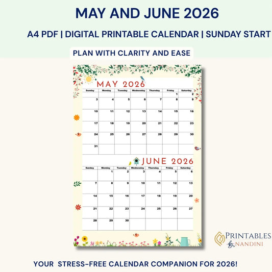 Digital printable calendar for May and June 2026 with floral design on a white background.