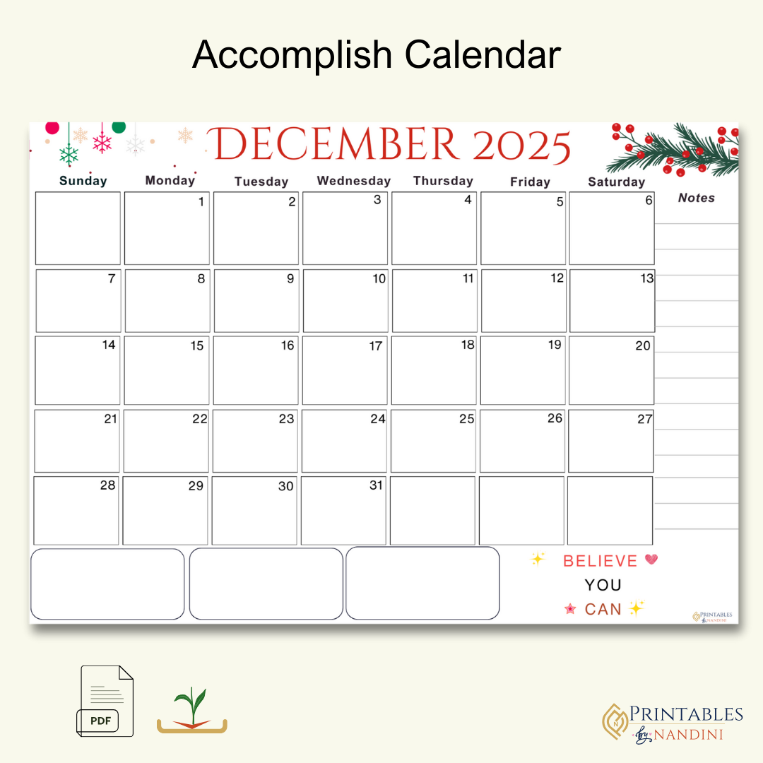 Accomplish|Monthly Theme Calendar Printable for December 2025