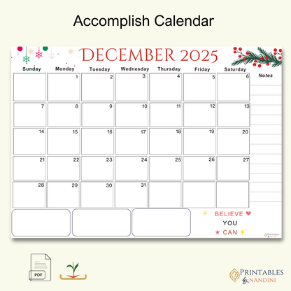 Accomplish|Monthly Theme Calendar Printable for December 2025.