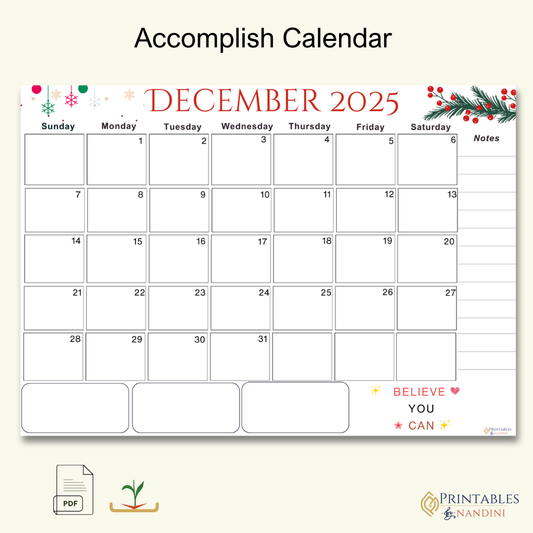 Accomplish|Monthly Theme Calendar Printable for December 2025.