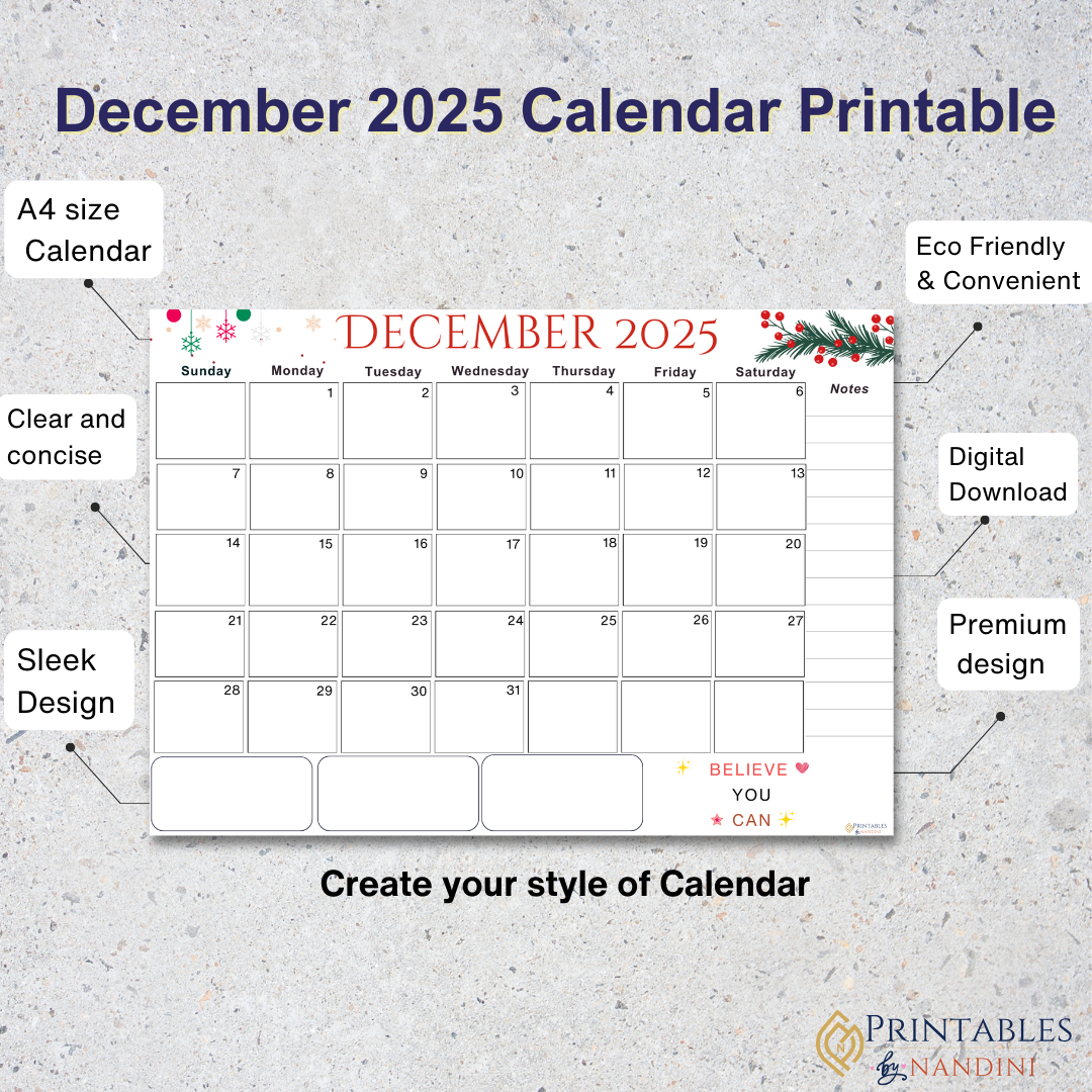 Accomplish|Monthly Theme Calendar Printable for December 2025.