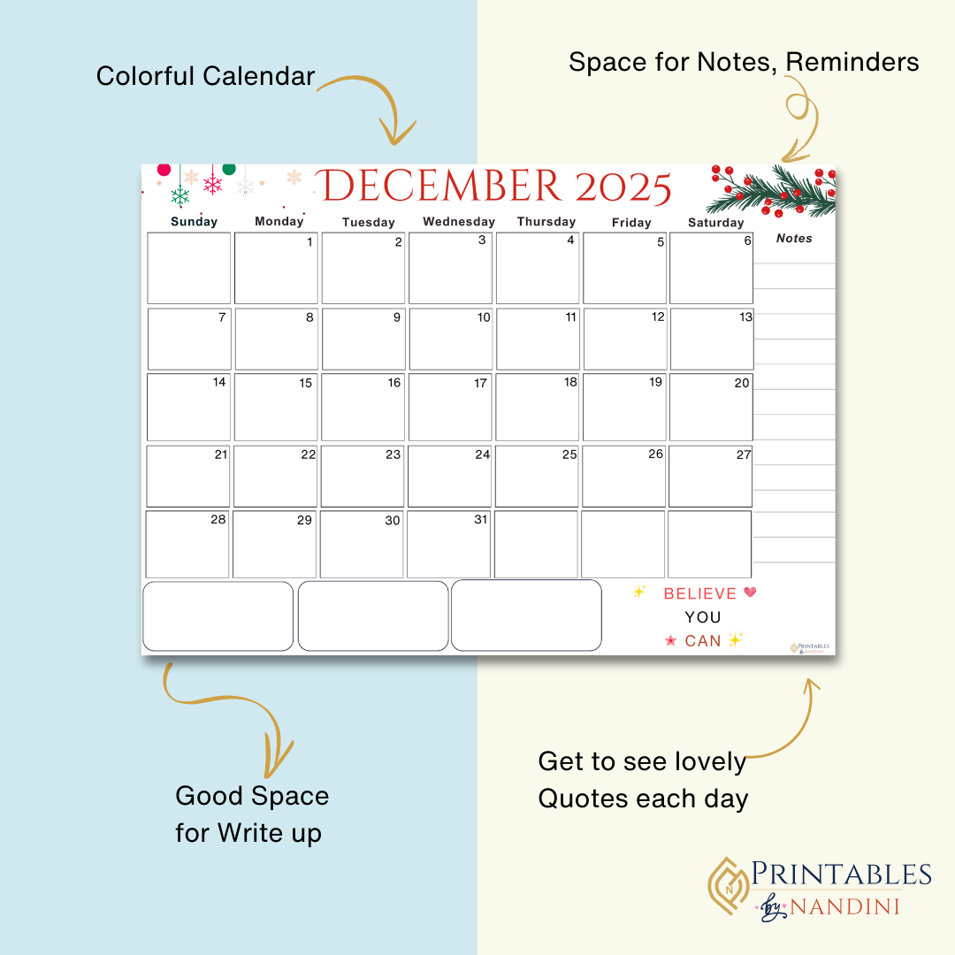Accomplish|Monthly Theme Calendar Printable for December 2025.