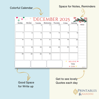 Accomplish|Monthly Theme Calendar Printable for December 2025.