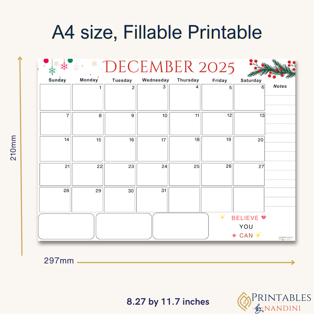 Accomplish|Monthly Theme Calendar Printable for December 2025.