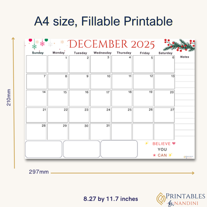 Accomplish|Monthly Theme Calendar Printable for December 2025.