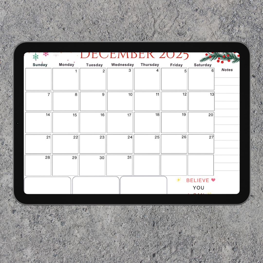 Accomplish|Monthly Theme Calendar Printable for December 2025.