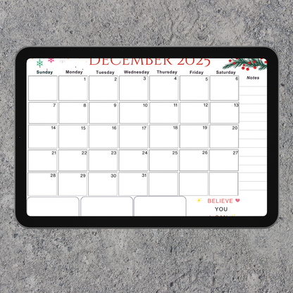 Accomplish|Monthly Theme Calendar Printable for December 2025.
