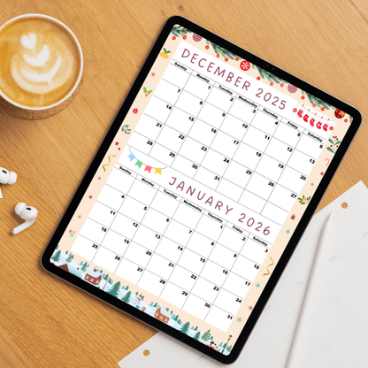 Calendar for December 2025 and January 2026, Sunday Start,A4 PDF,Digital Download