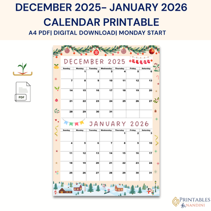 Calendar for December 2025 and January 2026, Sunday Start,A4 PDF,Digital Download