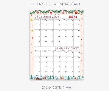 Seasonal December 2026 and January 2027 Calendar