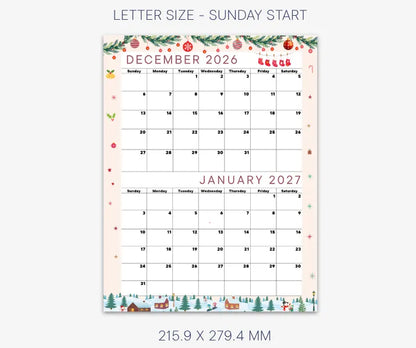 Seasonal December 2026 and January 2027 Calendar